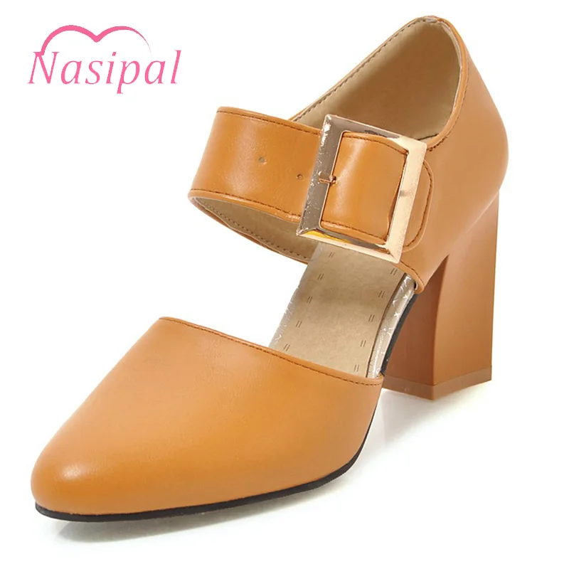 

Nasipal Sexy Cut outs Pumps Chunky High Heels Two-piece Sexy Buckle Mary Jane Shoes For Women 2019 Spring Summer Plus Size Shoes