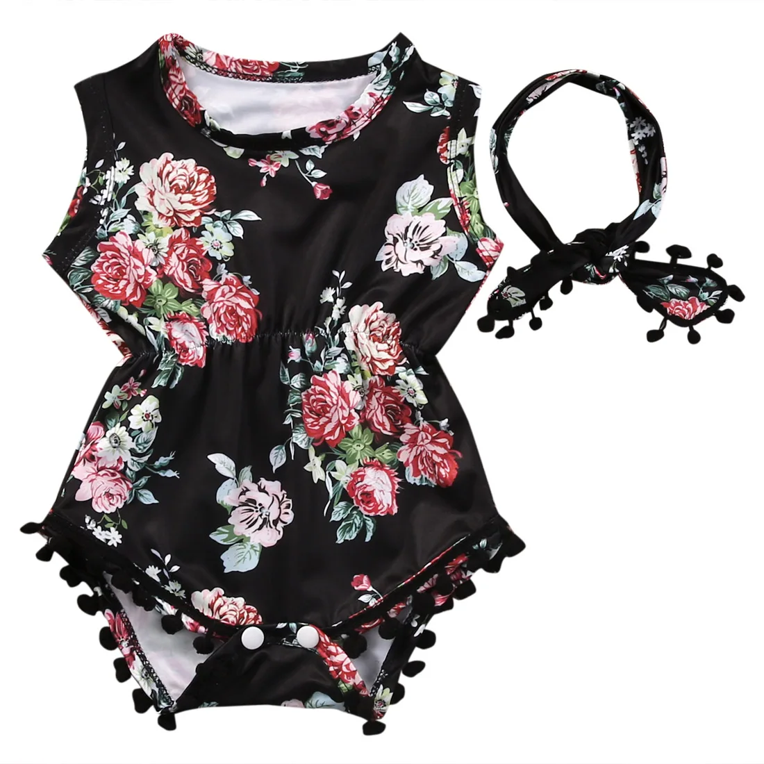 

2Pcs Cute Baby Girls Floral Tassel Romper Sleeveless Jumper Jumpsuit Headband Outfits Clothes Sunsuit