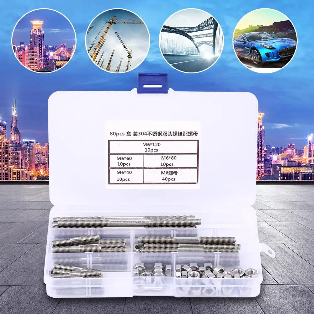 

80pcs 304 Stainless Steel Double End Threaded Stud Screw Bolt with Nut Double End Stud