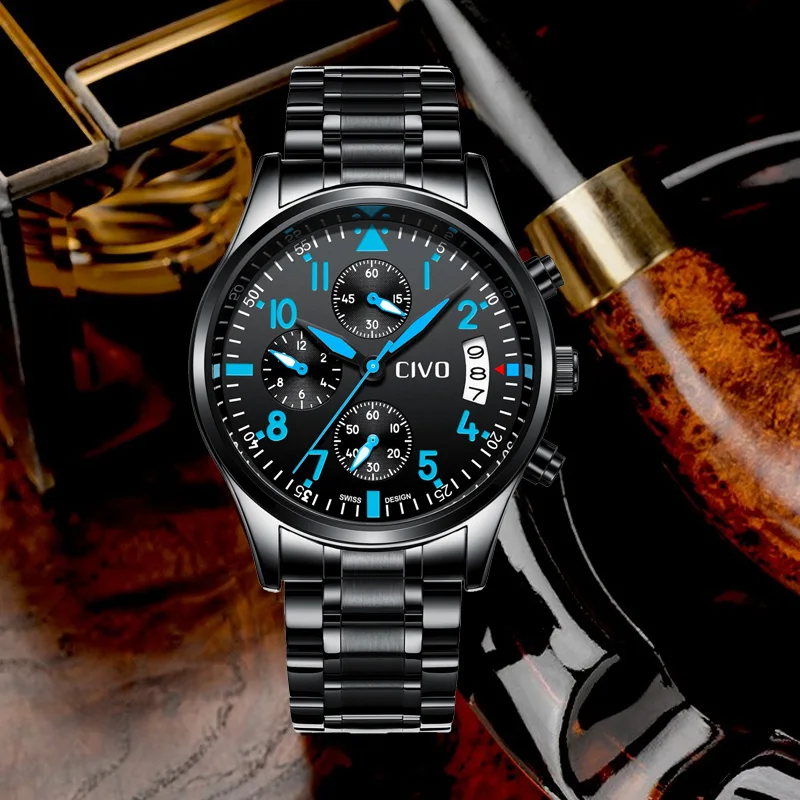 

CIVO Fashion Sports Watch Waterproof Chronograph Watches Mens Clock Stainless Steel Date Calendar Analog Quartz Mens Wrist Watch