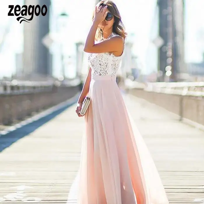 

zeagoo Women Maxi Dress Elegant Dress Lace Stitching Chiffon High Waist Sleeveless Maxi Long Dress Patchwork Casual, Party