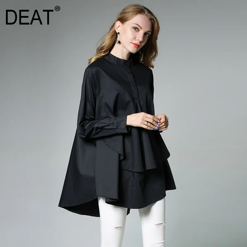

[DEAT] Women Long Sleeve Blouses 2019 Elegant Stand Collar Solid Color Asymmetry Loose Big Size Shirt Tops Tunique Femme C0061