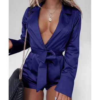 

Womens Solid Playsuit Casual Satin Jumpsuit Romper Deep V-Neck Sexy Sashes Bodysuits