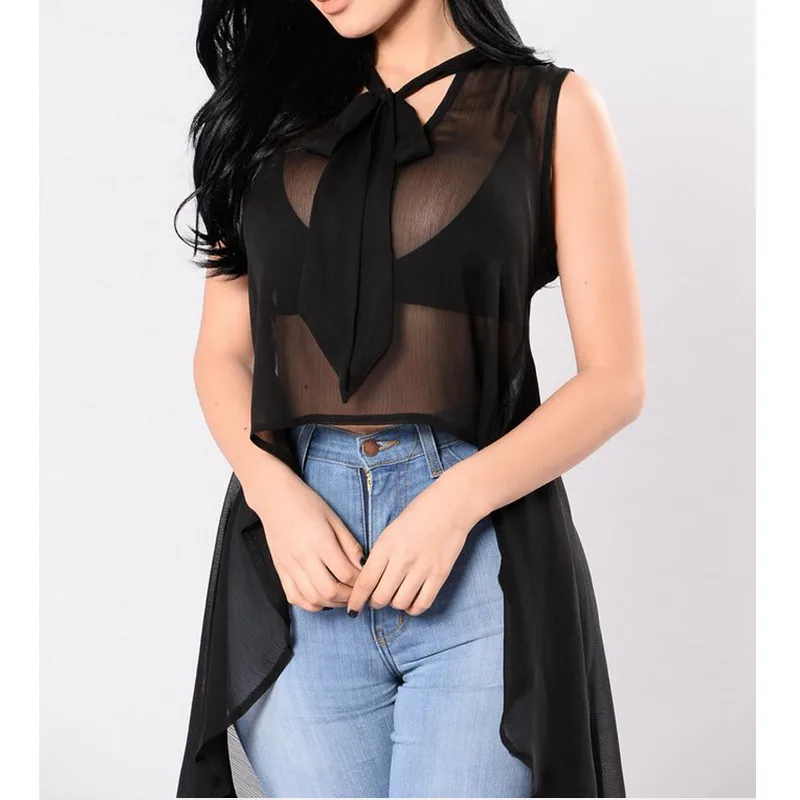 Summer Womens Sexy Blouse Tops See Through Irregular Sleeveless Loose Blouse Casual Shirt Lace Bowknot Sheer Tops Black Red Summer Womens Sexy Blouse Tops See Through Irregular Sleeveless Loose Blouse Casual Shirt Lace Bowknot Sheer Tops Black Red