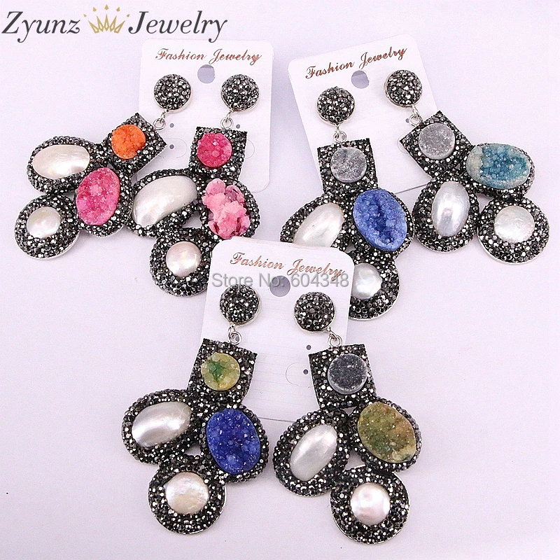 

3 Pairs ZYZ335-6533 Crystal geode quartz Dangle Earrings, Pave Rhinestone Quartz Stone and Pearl shell Earring Jewelry For Woman