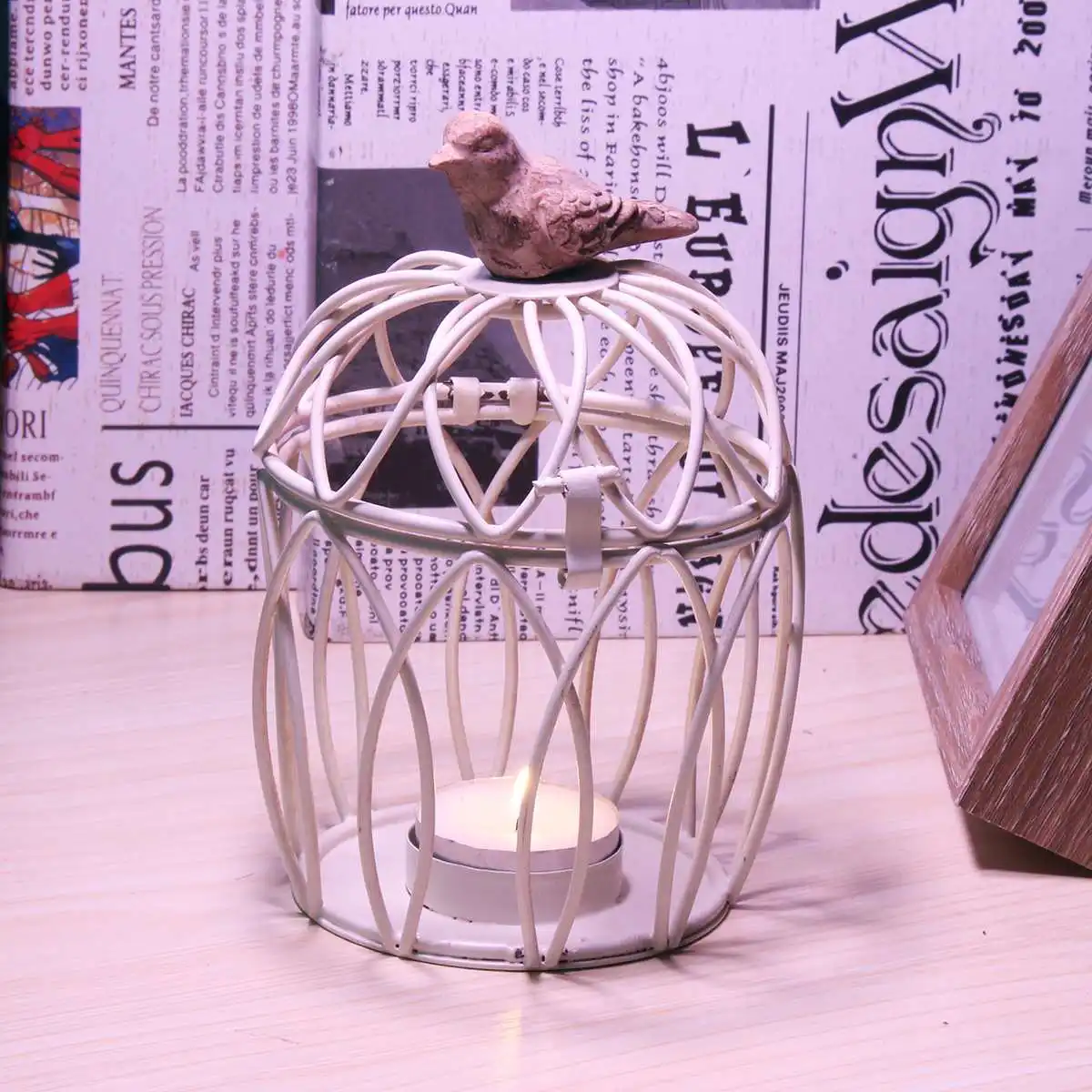 Metal Iron Bird Cage Candles Holder Whiter Round Candlestick Lantern