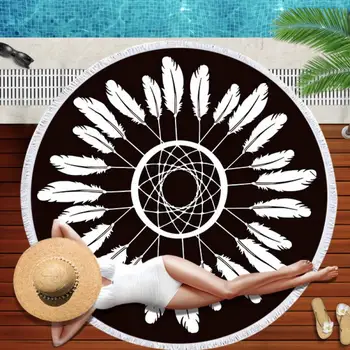 

Printed Feather Beach Towel Round Microfiber Beach Towels Large Blanket Picnic Yoga Mat Travel Sunbath Bath Towel Table Cloth
