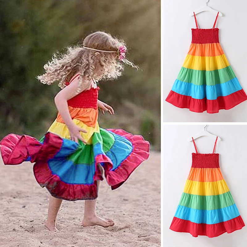 

1* multi-color dress Kid Girls Baby Toddler Princess Rainbow Color Spaghetti Strap Beach Dress Summer