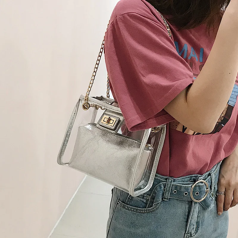 

New Transparent Wallet 2 In 1 Handbag Transparent Bag Handbag Gold Chain Pvc Shoulder Bag