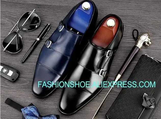 

Genuine leather Formal Dress Shoes Monk Strap Flat heel Fashion Wedding Party Shoes for men