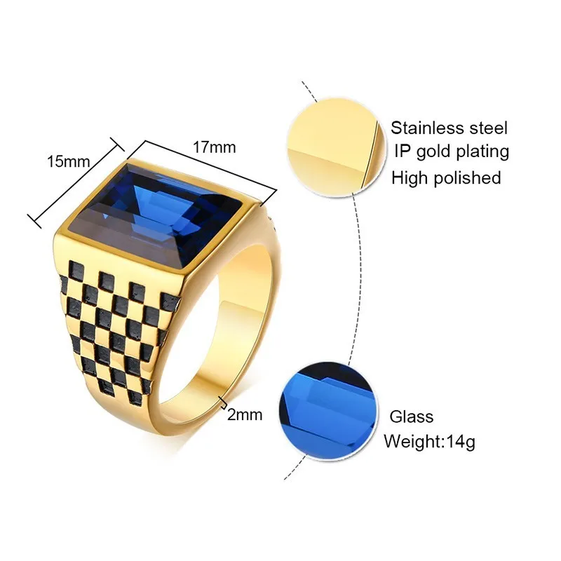 Уникальный шахматный дизайн перстень для мужчин золотой тон нержавеющая сталь с большим стеклянным камнем anel masculino аксессуар