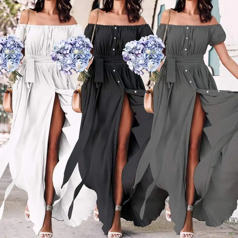 

Bohemian Dress Celmia 2019 Summer Women Maxi Long Dresses Belt Casual Buttons Ruffle Sexy Off Shoulder Beach Vestidos Plus Size