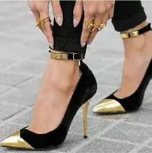 Sexy Gold Pointed Toe Pumps Women Shoes Metal Decoration Ankle Strap Women Shoes High Heels Cut-out Lady Dress Shoes Real Photo pink satin wedding sandal pumps crystals ankle strap satin bow back high heels peep toe cut out bridal party shoes real photo