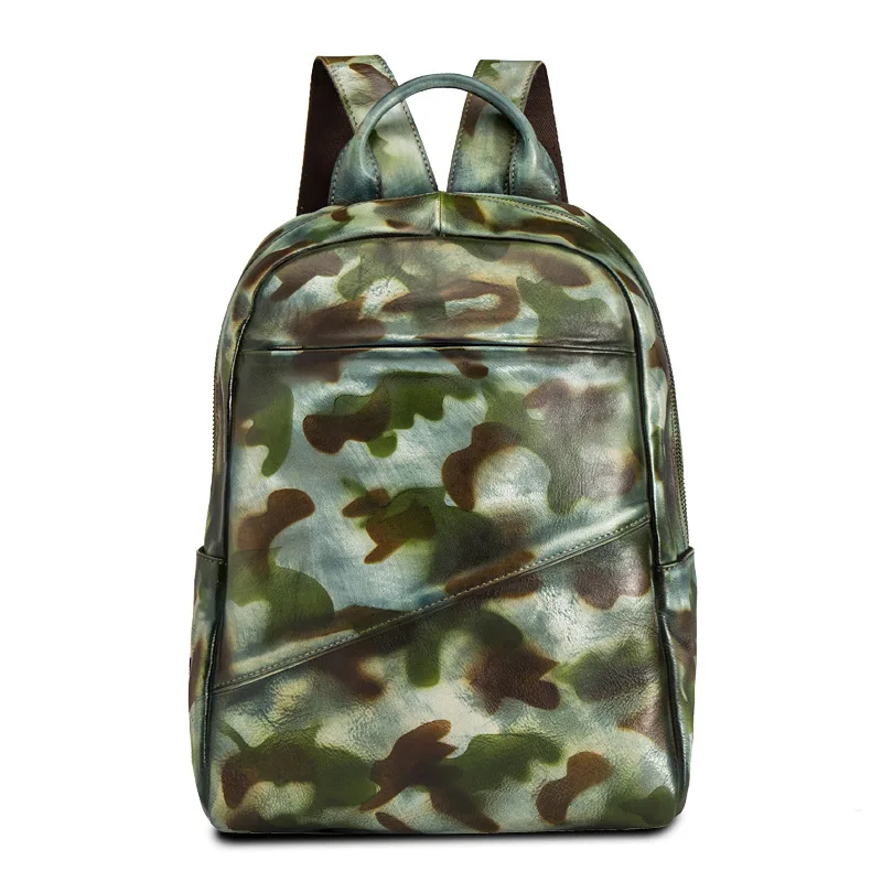 

Natural Skin Daypack Backpack Military Brush Color School Knapsack Travel Bag Multi-Capacity Genuine Leather Men Rucksack New