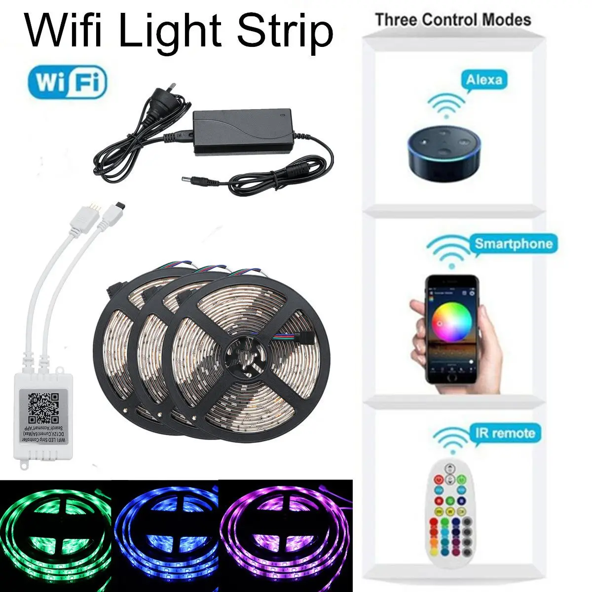 

5M 5050 Waterproof Smart Wifi RGB 150 LED Strip Light Kit For Alexa/Echo/Google US EU AU Plug DC12V Ultra-bright Flexible Ribbon