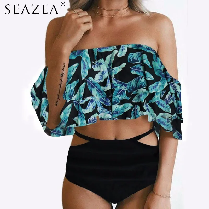 

Seazea Ruffle Swimwear Sexy Dot Print Swimsuit High Waist Women Off Shoulder Bikinis Bathing Suit Solid Beachwear Biquini