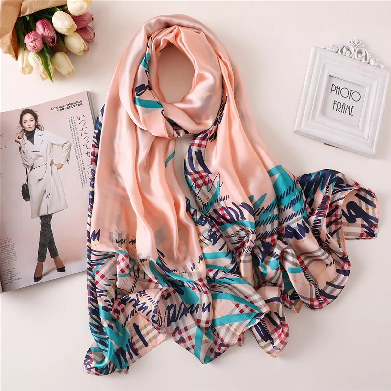 

Colorful Plaid Scarf Doodle Letter Border Shawl Simple Fashion Long Silk Scarf Spring Summer Travel Sunscreen Scarf