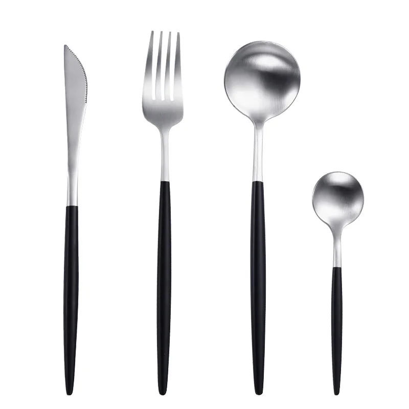

Hot Sale Portable Black Silver Cutlery Set 304 Stainless Steel Dinnerware with Black Handle for Kids Dinner Travel Tableware Set