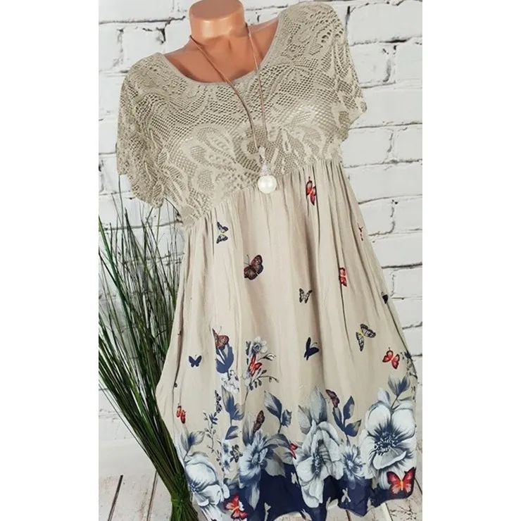 

Plus Size 2019 New Lace Hollow Out A-Line Dress Women Short Sleeve Floral Print Dresses Large Size Empire Dress