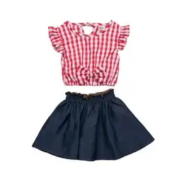 Клетчатые топы без рукавов для маленьких девочек, футболка + джинсовая юбка-пачка, платье, комплект одежды из 2 предметов