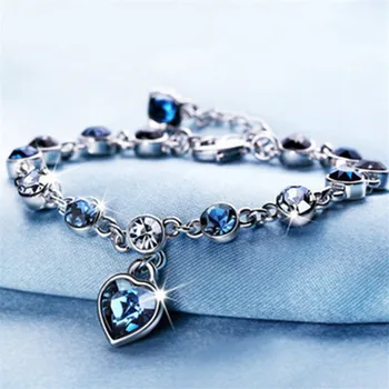 

Blue Heart Crystal Bracelet For Women Luxury Silvery Color Jewelry Gifts For Female Woman Bracelets And Bangles Red Chain & Link