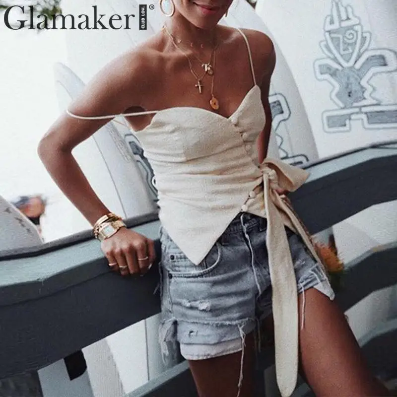 

Glamaker White v neck vintage buttons lace up women tops&tees Summer slim elegant holiday beach party top Female cami tank camis