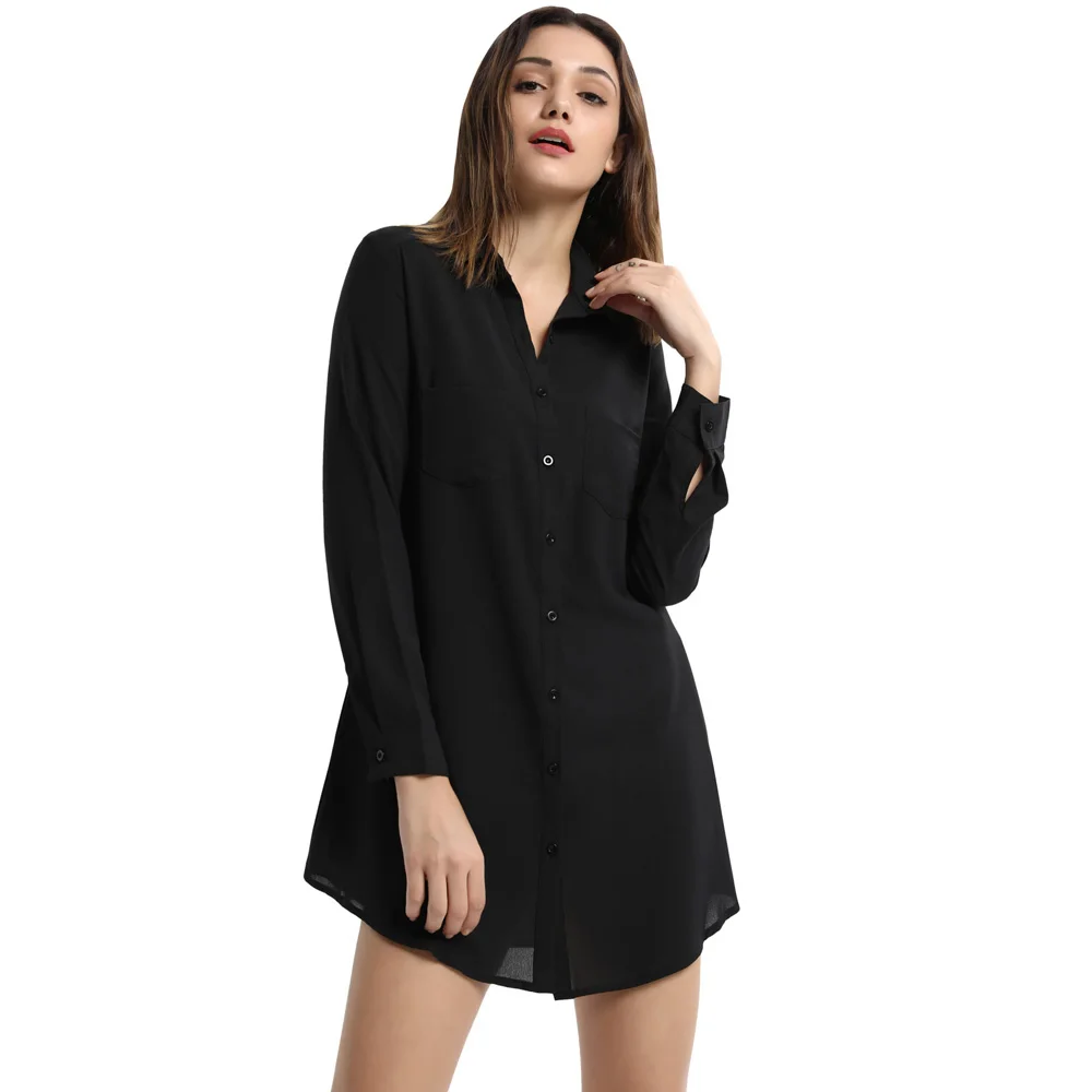 

Gk Women's Casual Solid Color Long Sleeve Shirt Sexy Fashion Collar Curved Hem Shirt Dress Soft Comfortable Women Dress