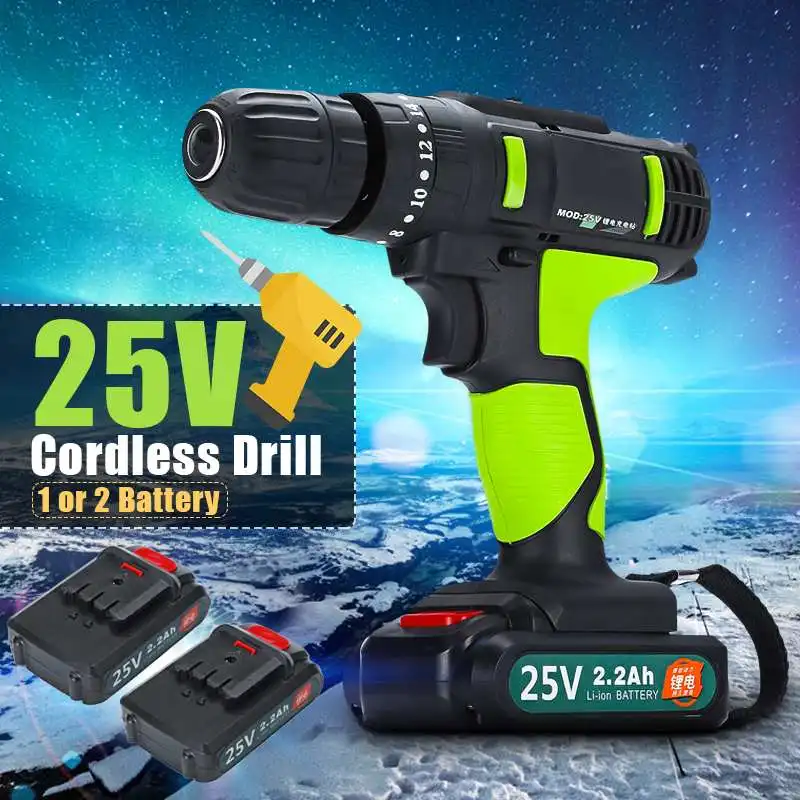 

25V Cordless Impact Drill Double Speed Electric Screwdriver Li-ion Battery Rechargable Drill 3/8" Driver 220v with 1/2 Batteries