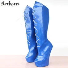 Женские сапоги; пикантные сапоги до колена на очень высоком каблуке 20 см; высокие сапоги на каблуке-столбике; пикантные сапоги на платформе со шнуровкой и молнией сзади