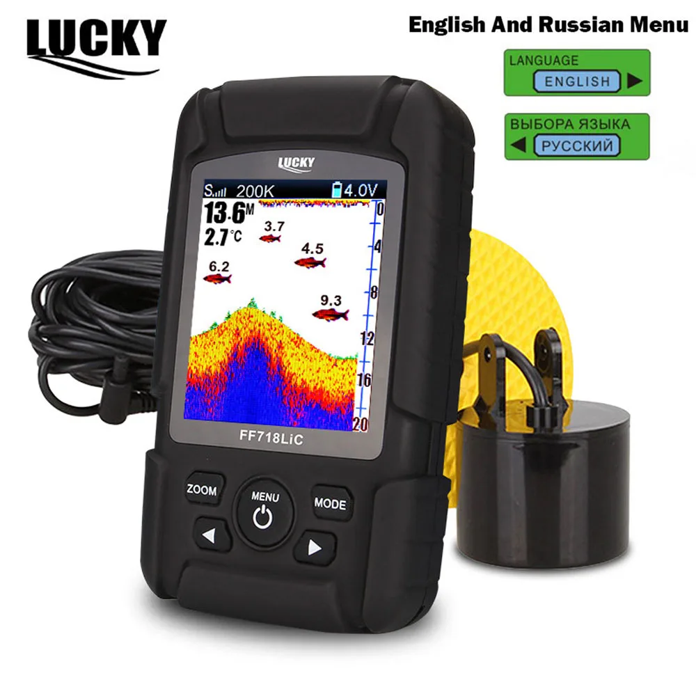 

LUCKY FF718LiCD-T Wired Fish Finder 200kHz 45 Degree Wired Echo Sounder Fishing Alarm Fishing Finder with English Russian Menu