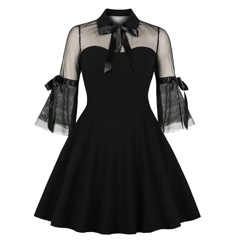 

Women Gothic Lace Dress Party Vintage Sexy See Through Fashion Elegant Bow Black A Line Summer 2019 Goth School Casual Dresses