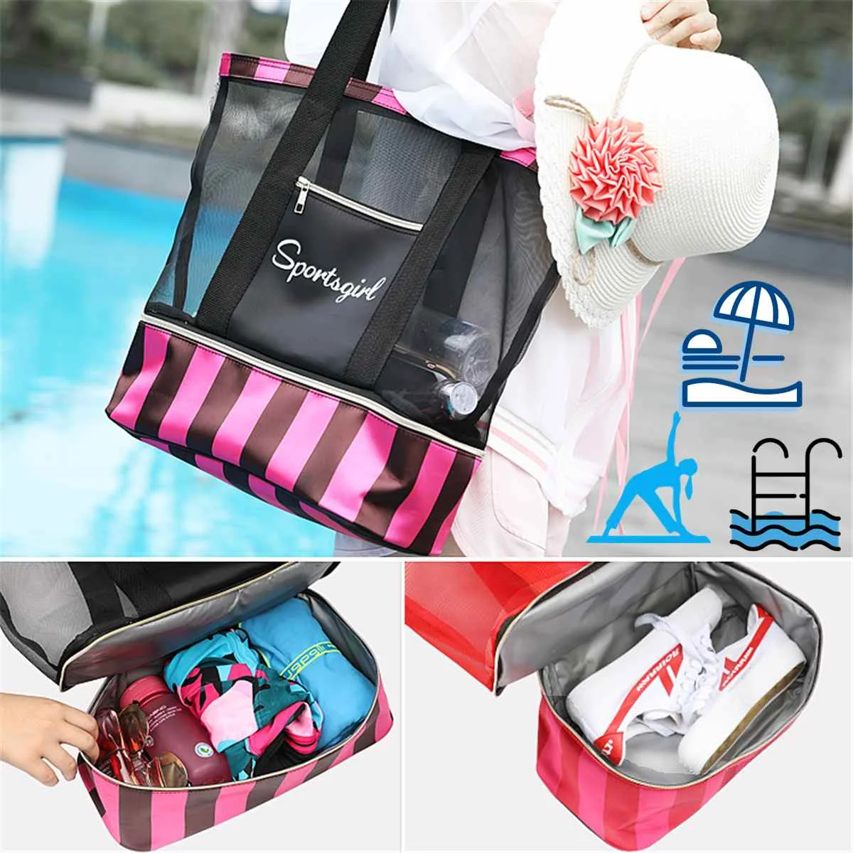 

Dry Wet Separate Handbags Waterproof Swimming Mesh Bag for Women Beach Shoulder Bags Large Totes Handle Bag Yoga Storage Package