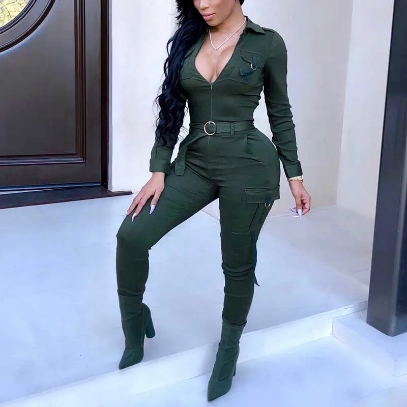 

Winter Jumpsuit Women Sexy Military Jumpsuit Long Sleeve Belt Green Blue Red Autumn Jumpsuit Female 2018 Streetwear Overalls