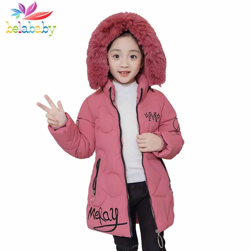 

Belababy 2018 New Warm Girls Down Cotton Jackets&Coats Baby Kids Letter Fur Collar Winter Long Costume Children Outwear Clothes