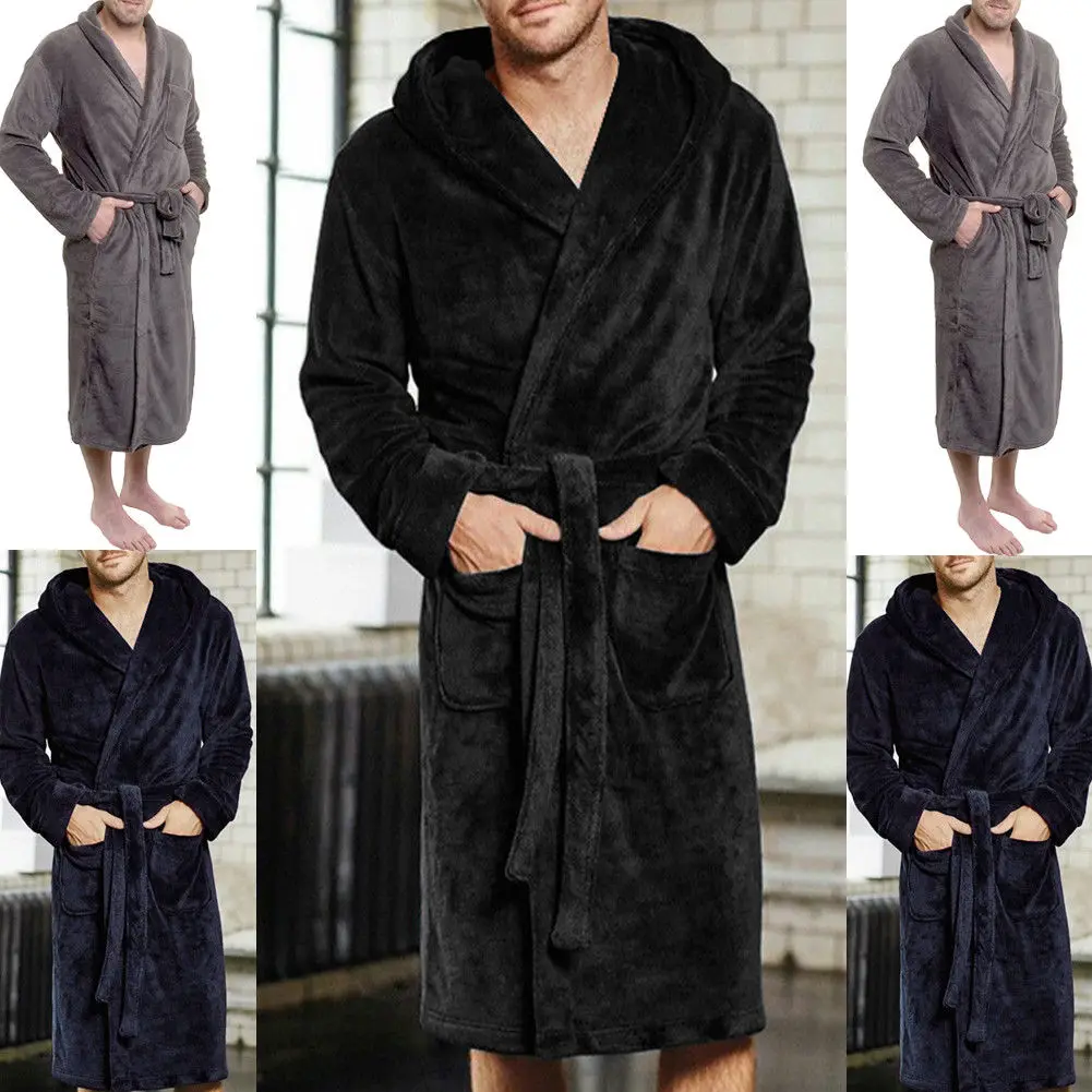 Fashion Casual Mens Bathrobes Flannel Robe V Neck Long Sleeve Couple ...