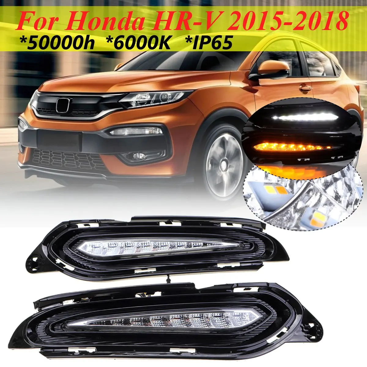 

2Pcs Waterproof 12V LED Car DRL Daytime Running Light with yellow turn signal style For Honda HRV for HR-V 2015 2016 2017 2018