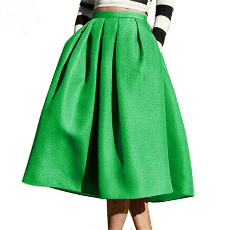 New Female Fashion Street Style Women's Skirt Solid Casual Flare High Waist Pleated Pockets Vintage Skirts