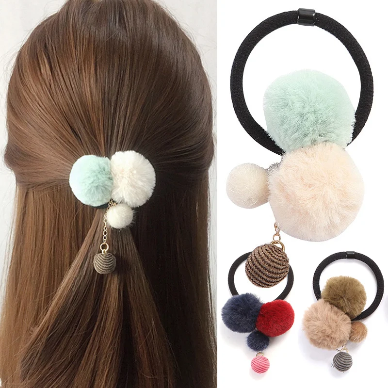 

New 1PC Faux Fur Ball Hair Rope Adjustable Elastic Colorful Pompon Party Wedding Rubber Scrunchies Hair Accessories 2018 New