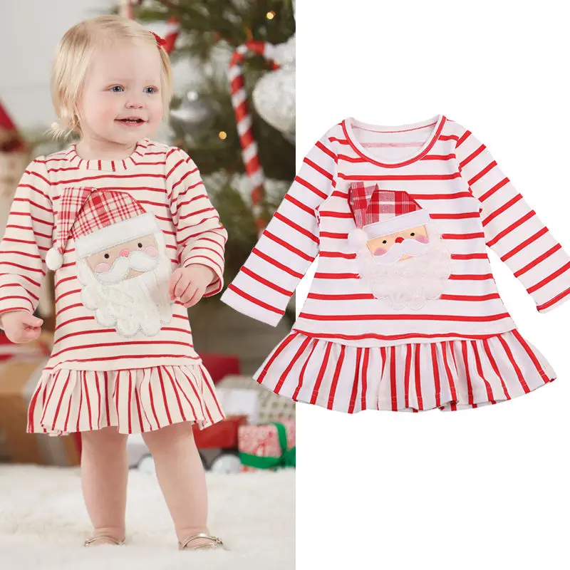 

Christmas Baby Girls Dress Casual Princess Striped Dresses With Santa Hats Print Long Sleeve A-Line Dress Outfit 0-5Y