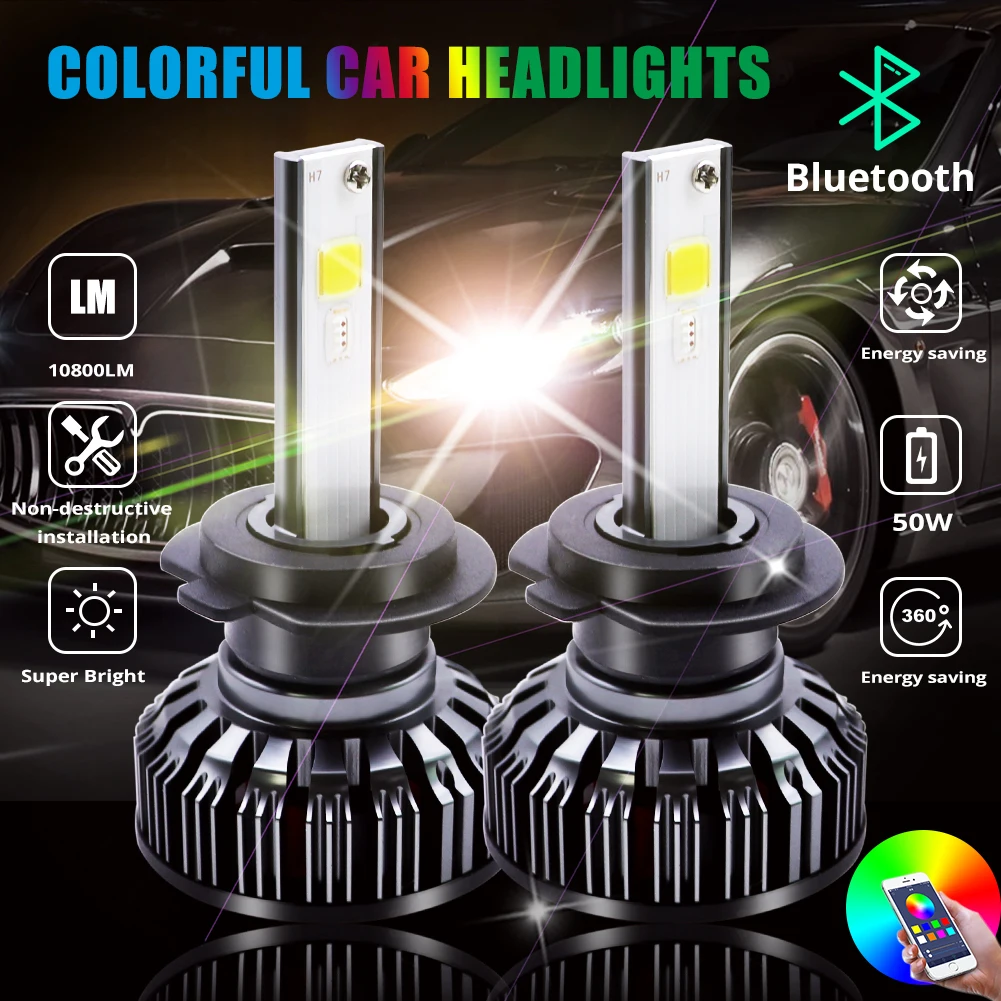 COB RGB светодиодный налобный фонарь H4 H7 фары для автомобиля H1 H3 H11 H13 880 9005 9006 9012 Bluetooth