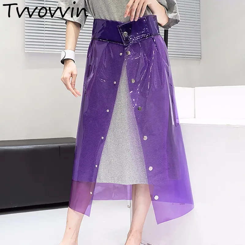 

TVVOVVIN New Summer 2019 Personality Single Breasted PVC Transparent Plastic Perspective A-line Skirt Women H053