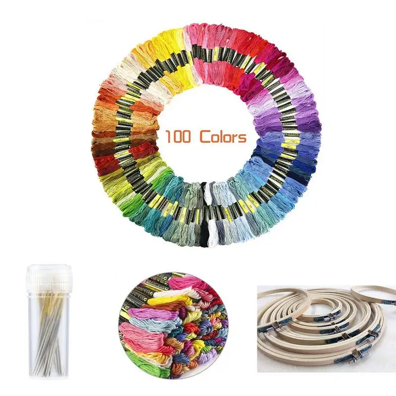 

5 Pieces Bamboo Embroidery Hoops With 100 Colors Skeins Embroidery Thread Floss Cross Stitch And Needles Cross Stitch Set Gift