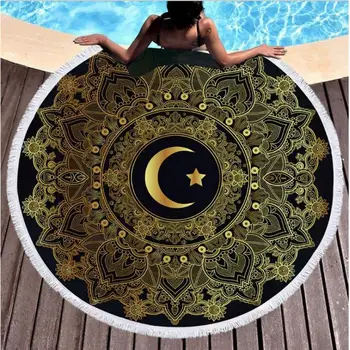 

Printed Tassels Beach Towel Round Polyester Microfiber Towel Beach Sun And Moon Tapestry Wall Hanging Bath Towel Yoga Mat Decor