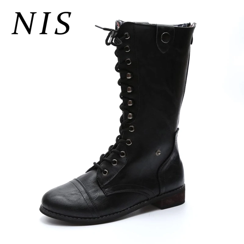 

NIS Women Punk Motorcycle Boots Autumn Winter PU Leather Mid-calf Boots Women Shoes Woman Back Zipper Chunky Block Ladies Shoes