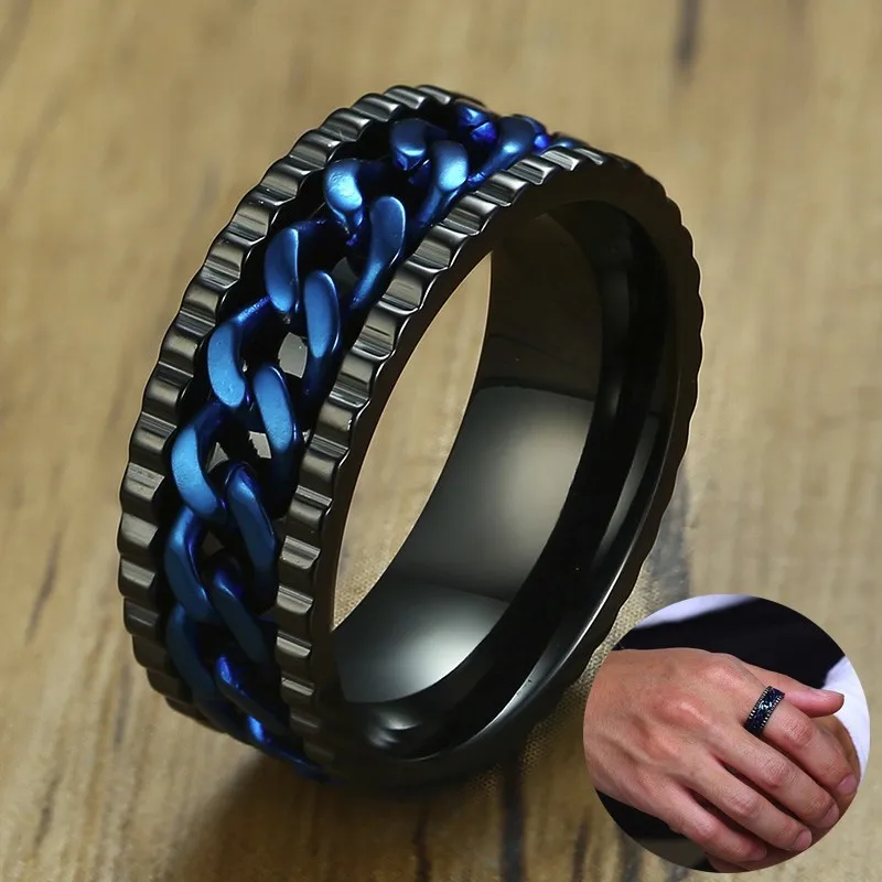 

Men Blue Chain Spinner Center with Gear Edge Black IP Mens Ring Stainless Steel Meditation Worry Wedding Band