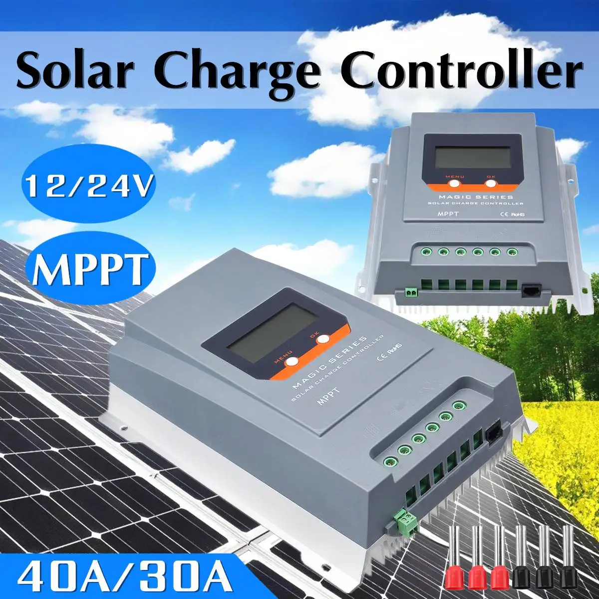 

30A 40A MPPT Solar Charge Controller 12/24V LCD Auto Battery Charger Regulator Tracking Efficiency 99.9% Two Navigation Buttons