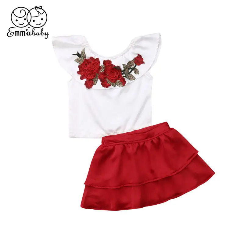 Toddler Girls Clothes Set Princess Kids Baby Outfit Summer Embroidery Flower Top+Layered Tutu Skirt Children Clothing 2pcs 1-6T | Мать и