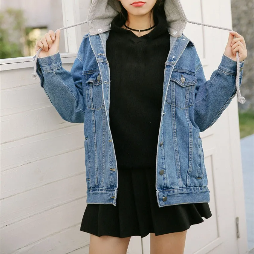 

2019 Spring Oversized Denim Jacket Women Loose Boyfriend Jackets Female Ripped Black Blue Hooded Coats