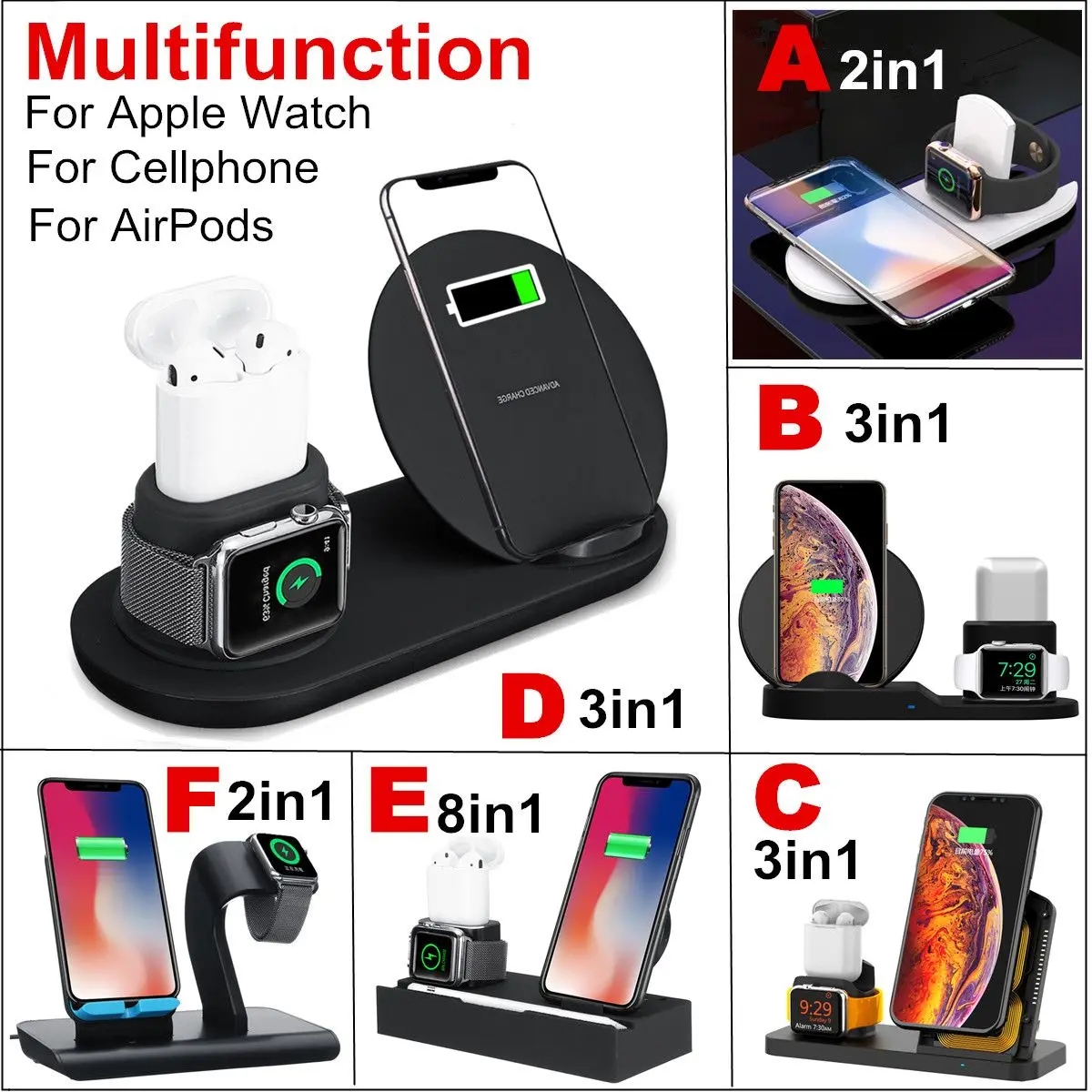 

5/7.5/10W Qi Wireless Charger Dock Station Fast Charging for Apple Watch 1 2 3 4 For iPhone XR XS Max For Samsung S9 For AirPods
