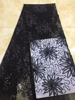 

2019 High Qaulity Black Sequins Tulle Lace Fabric For Wedding Nigerian Embroidered Tulle Lace Fabric For Bride Dress